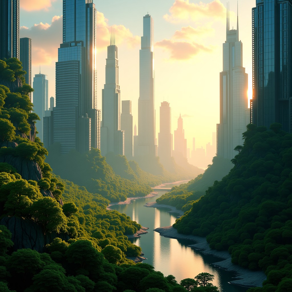 A breathtaking 4K landscape of a futuristic city integrated with nature, lush greenery, glass skyscrapers, golden hour lighting, cinematic composition, 4:3