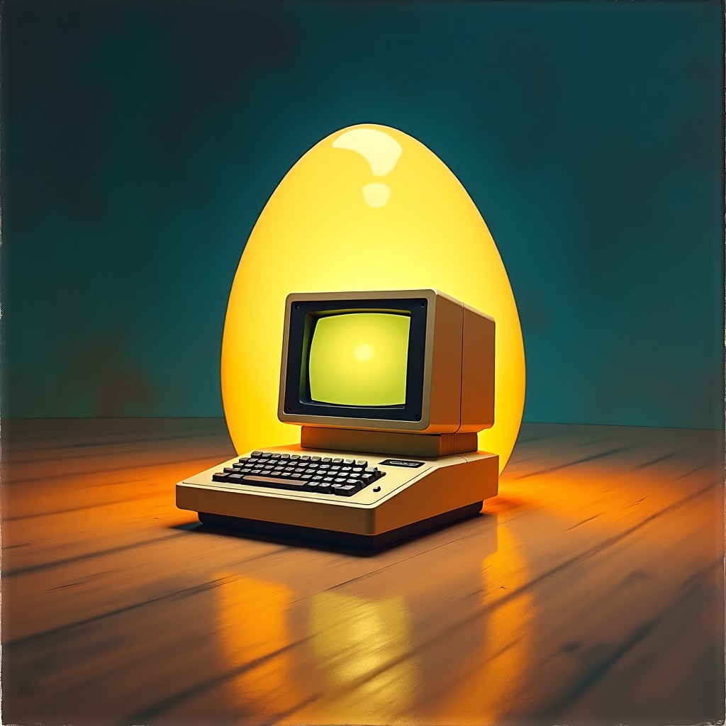 A classic surrealist painting in the style of 1970s airbrush art, showing a vintage personal computer emerging from a glowing egg, rich textures, vibrant gouache colors, soft studio lighting, artistic rendering, 4:3