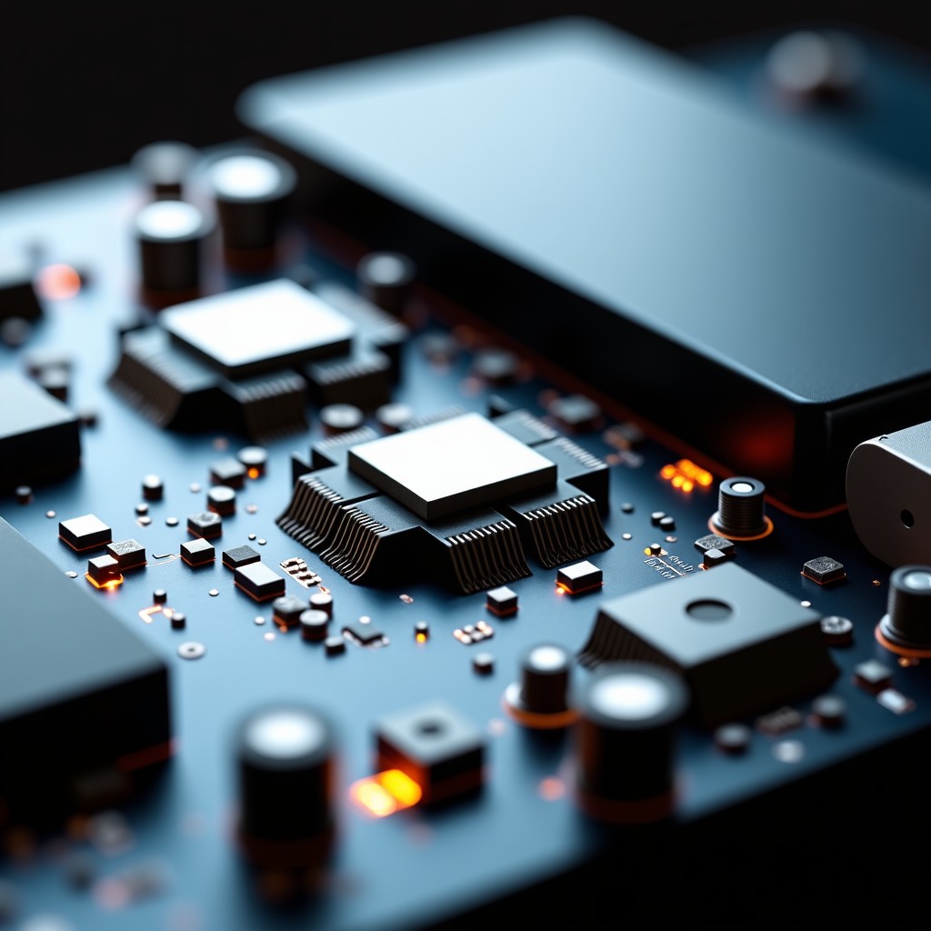 Close-up macro shot of a sophisticated optical transceiver module, intricate circuitry and laser components, metallic finish, professional studio lighting, 4:3