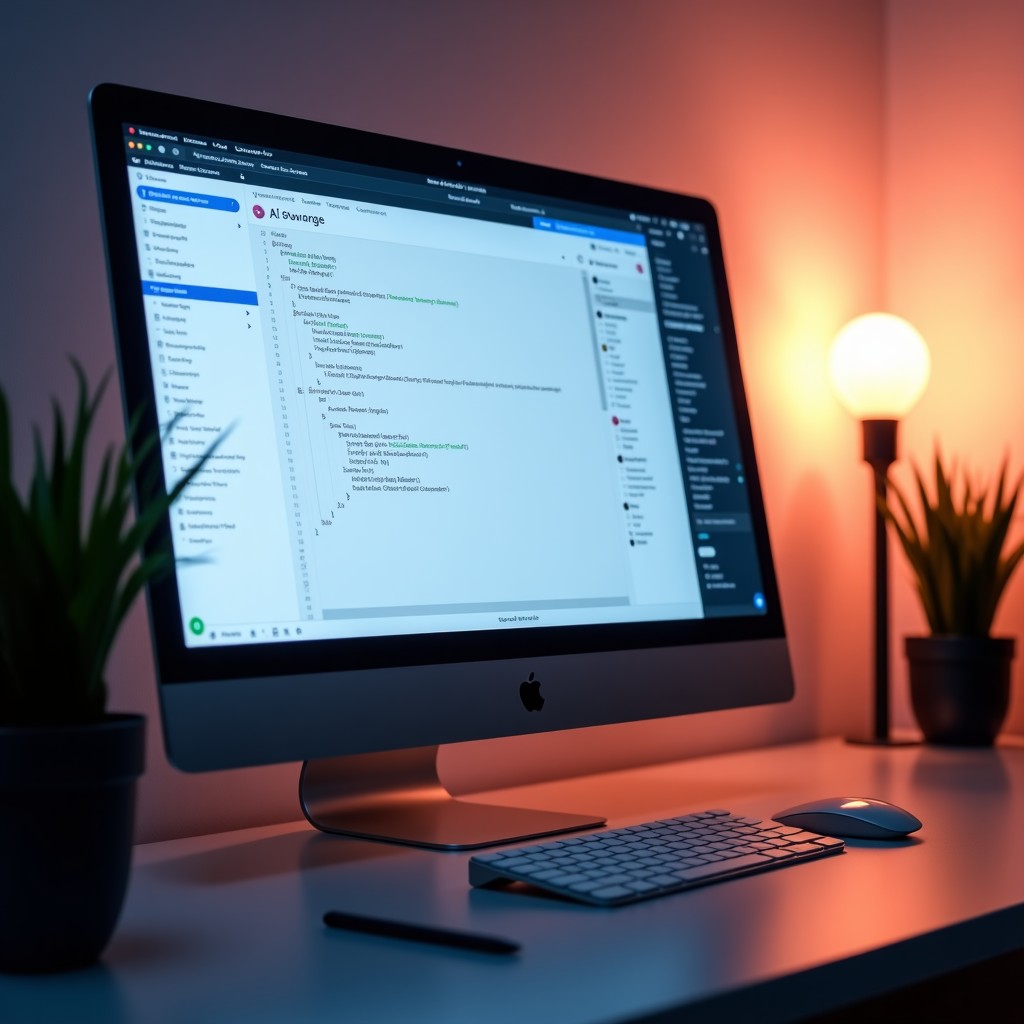A modern computer setup showing a high-tech IDE interface similar to Xcode on a Mac Studio display. The screen features a dedicated side panel for AI agents with progress bars and task lists. The environment is a clean professional developer studio with soft ambient lighting and a plant. No text or characters visible. 4:3