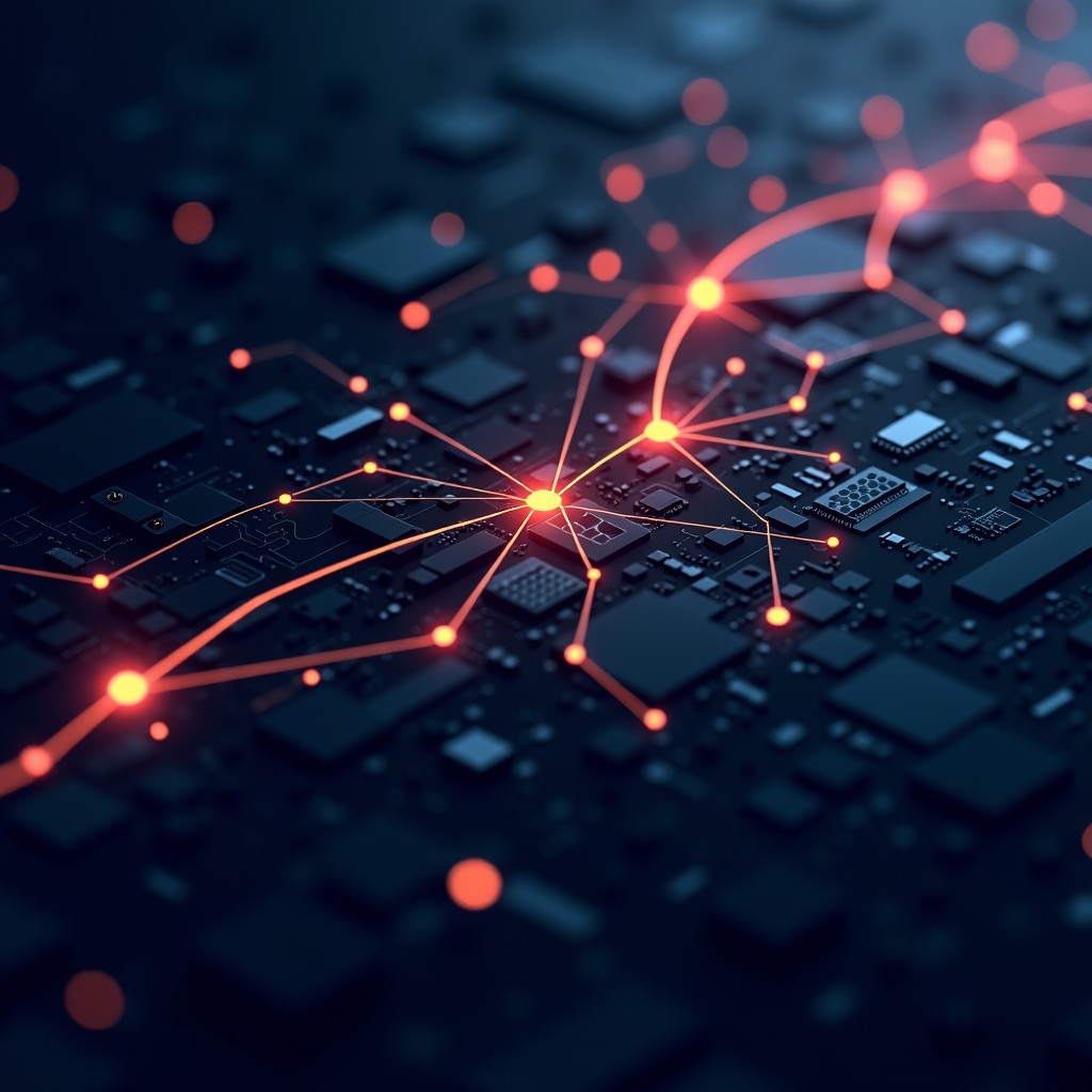 An abstract digital art piece representing software architecture and data flow. Geometric shapes and glowing interconnected nodes creating a sense of complex but organized system. Dark professional color palette. 4:3