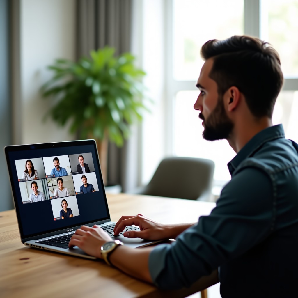 A professional individual using a high-end laptop for a video conference in a bright, modern home office. Multiple participant tiles are visible on the screen. The setting is clean and organized with soft lighting. 4:3