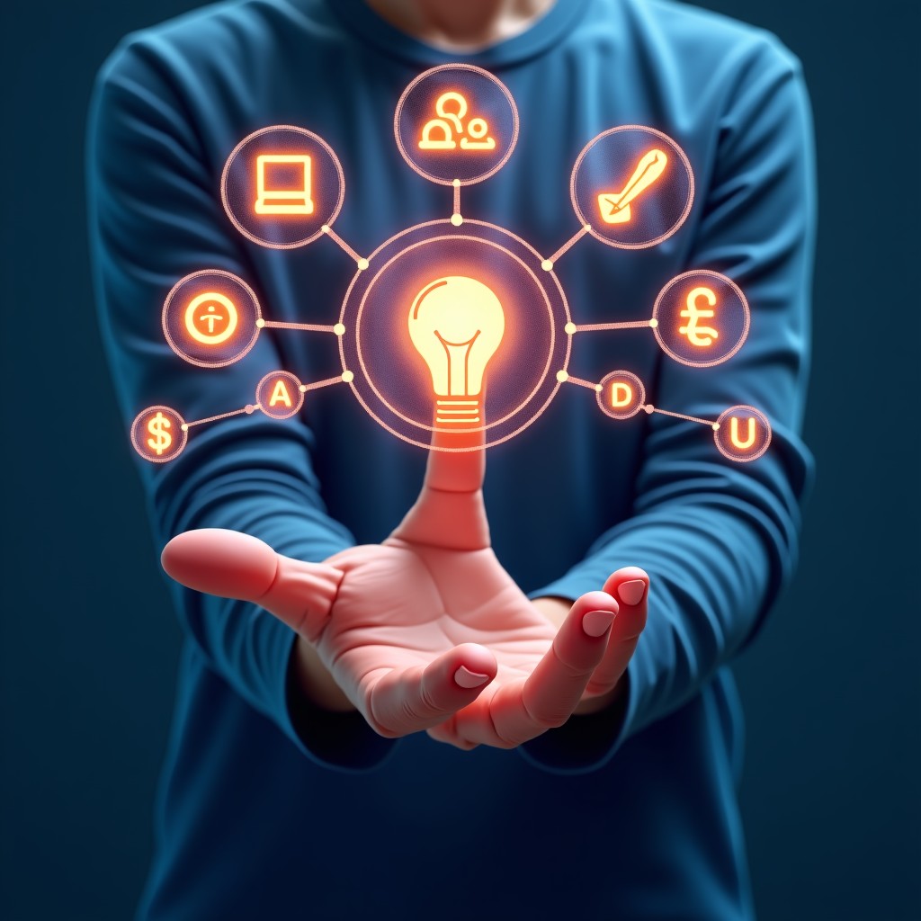 High quality illustration of a person choosing between multiple technological icons, glowing holographic interface, textured background, artistic rendering. 4:3