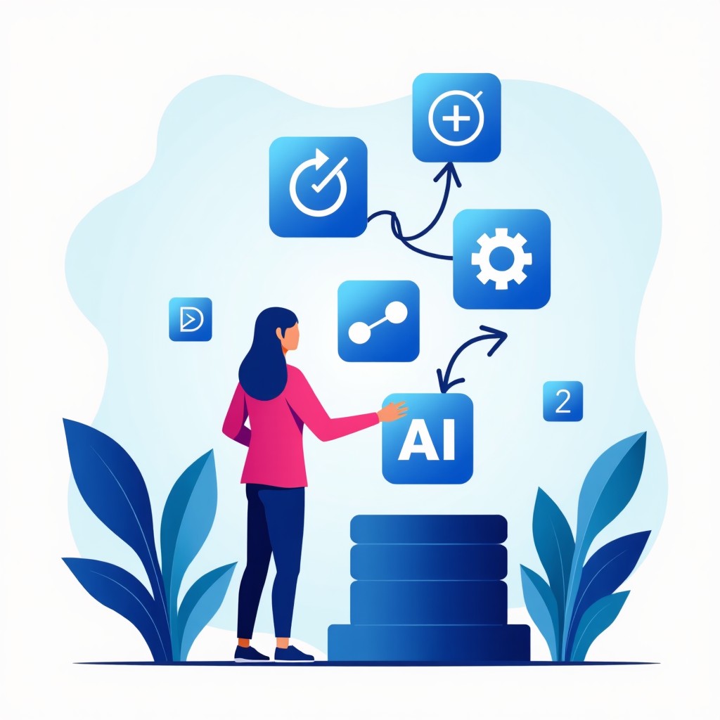 A conceptual illustration of a decision making process, a person selecting the best option from floating digital icons of AI tools, bright and clean style, 4:3 aspect ratio.