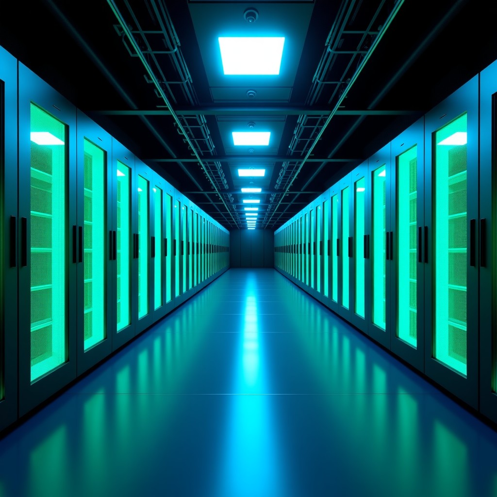 A wide shot of a modern high-tech AI data center interior with glowing blue and green server racks, sleek metallic surfaces, organized cables, professional lighting, cinematic atmosphere, 4:3