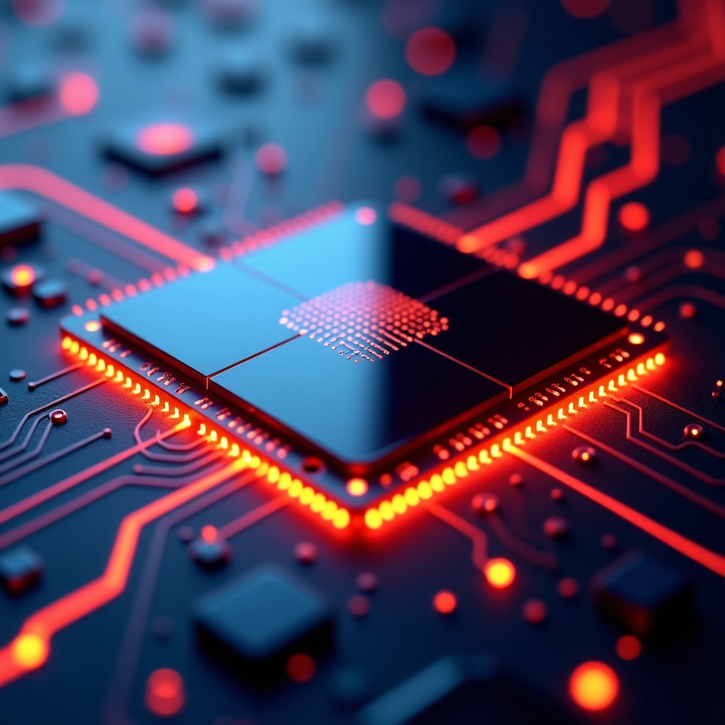 Close-up of a futuristic high-performance AI processor chip with glowing neon circuits on a dark metallic background, cinematic lighting, 4:3