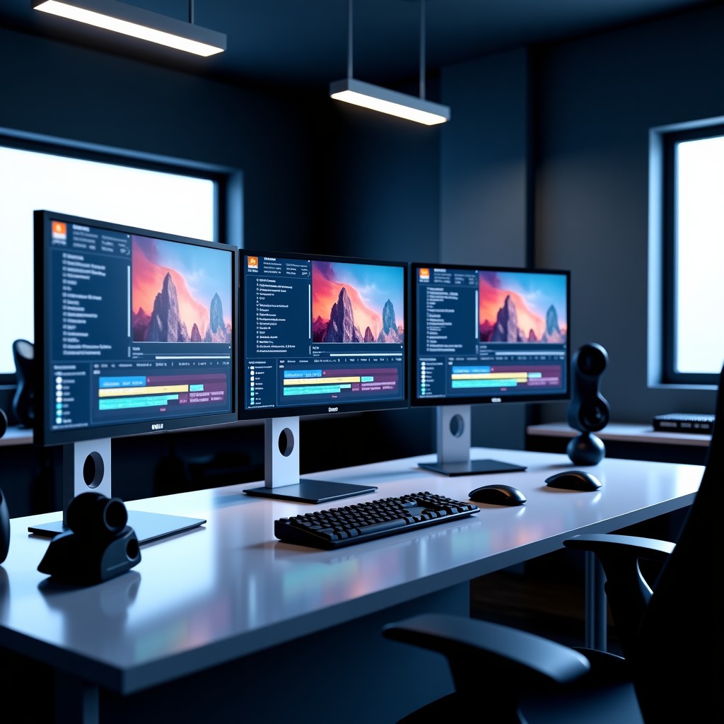 A professional high-tech creative studio with multiple monitors showing AI video editing interfaces, cinematic lighting, sleek silver hardware, modern interior design, high-quality professional atmosphere, 4:3
