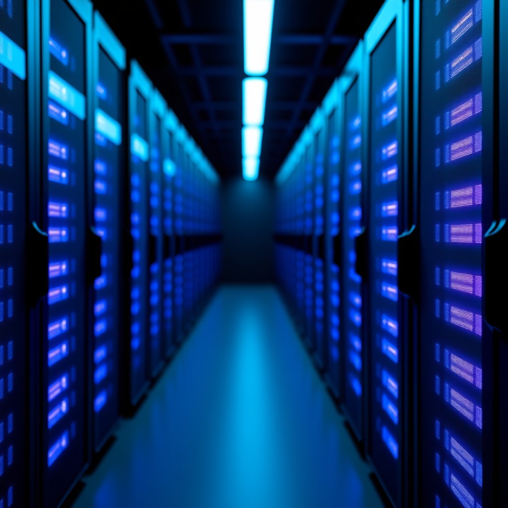 A high-tech data center interior featuring glowing blue and purple memory modules on server racks, cinematic lighting, shallow depth of field, 4:3
