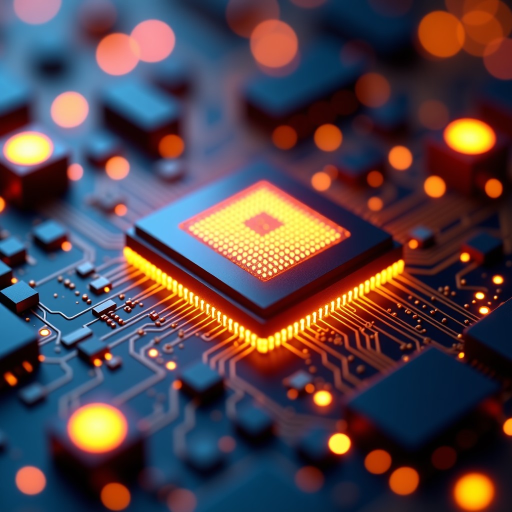 A close up of a highly detailed futuristic AI processor chip on a motherboard, glowing amber and gold lights, cinematic lighting, 4:3