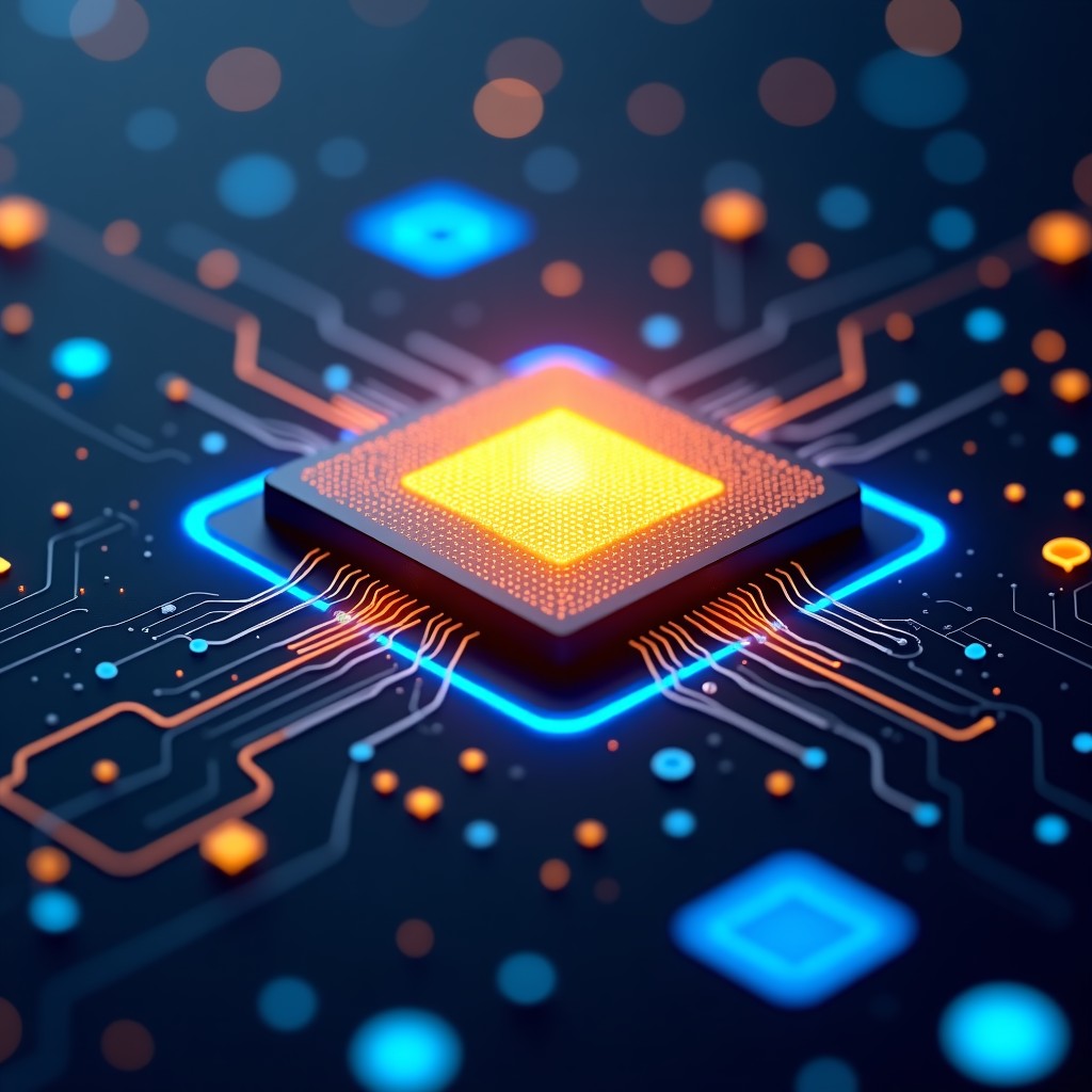 A highly detailed futuristic AI processor chip glowing with gold and neon blue lights, surrounded by floating binary codes and abstract financial symbols, high contrast, 4:3