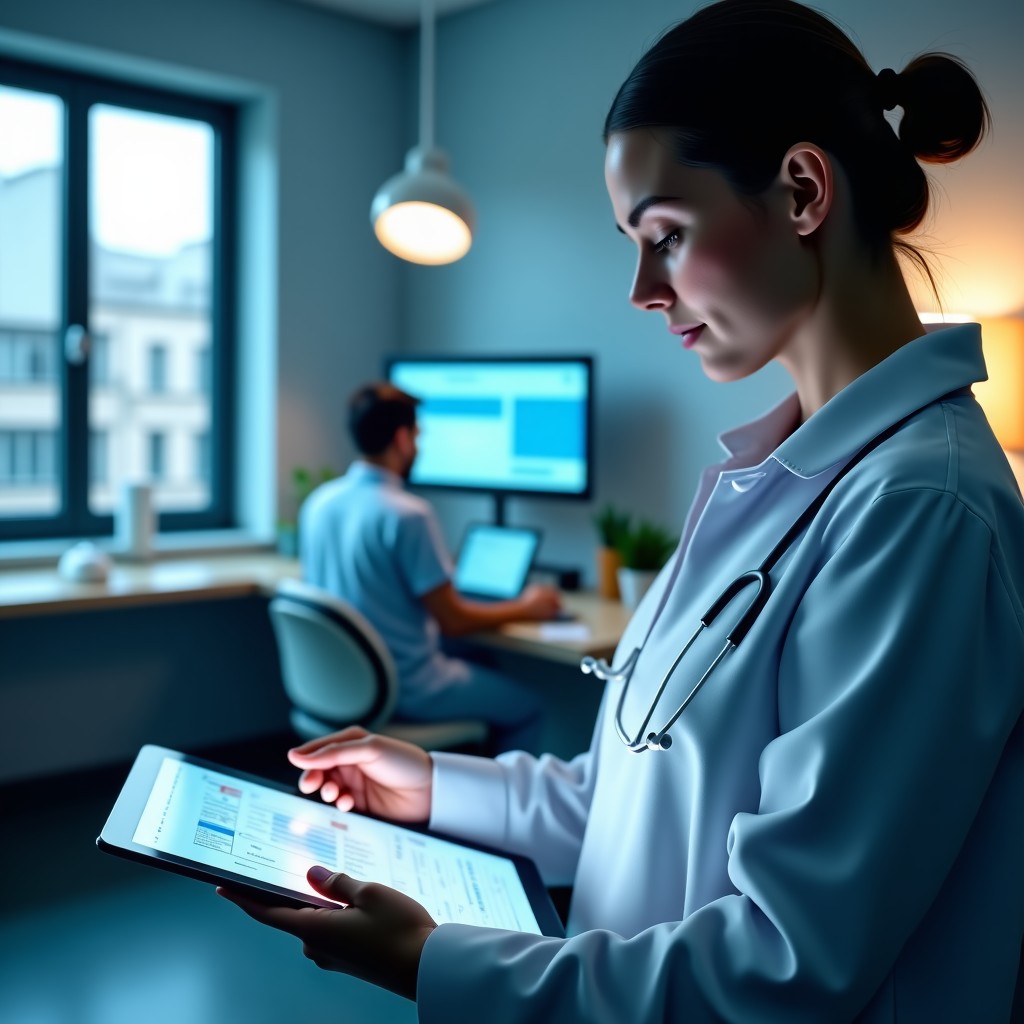 A high-tech dental clinic interior where a transparent tablet shows AI-generated medical charts and notes, warm lighting, futuristic yet professional medical setting, 4:3