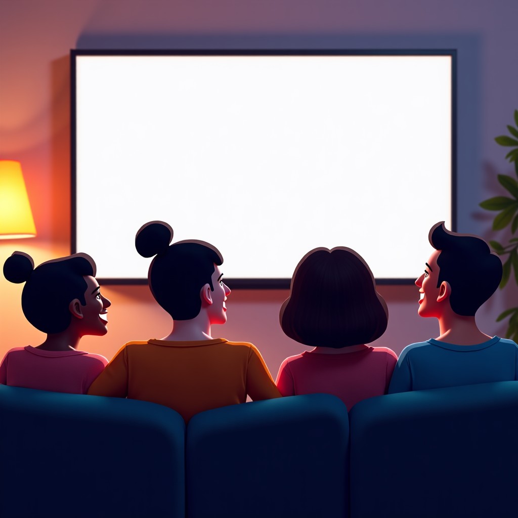 A group of multi-ethnic friends in their late 20s sitting on a sofa and laughing while watching short-form videos on a large bright television screen. 1:1