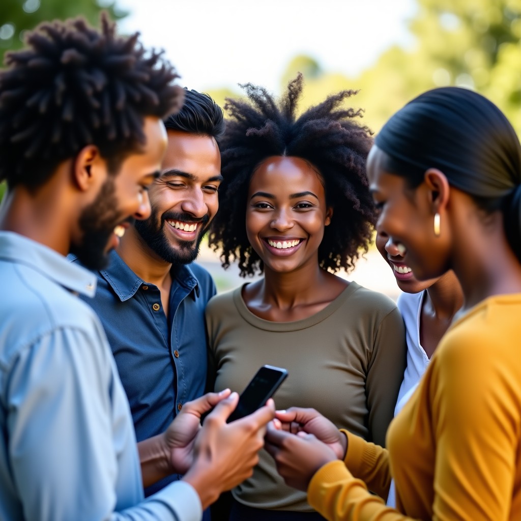 A group of diverse young adults standing together outdoors looking at a smartphone and smiling. Natural daylight. Lifestyle photography. 4:3