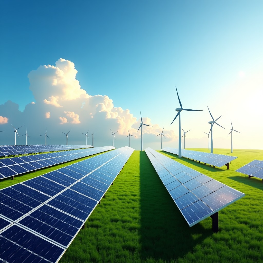 A vast field of solar panels and wind turbines integrated with modern architectural data centers under a bright clear sky, sustainable future concept, 4:3