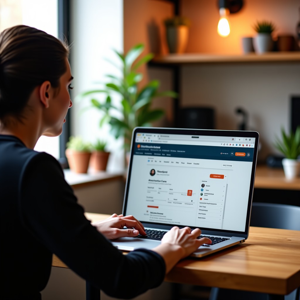 A professional person working on a laptop in a bright cafe, designing an automated workflow on the screen, lifestyle photography, warm and natural atmosphere, 4:3