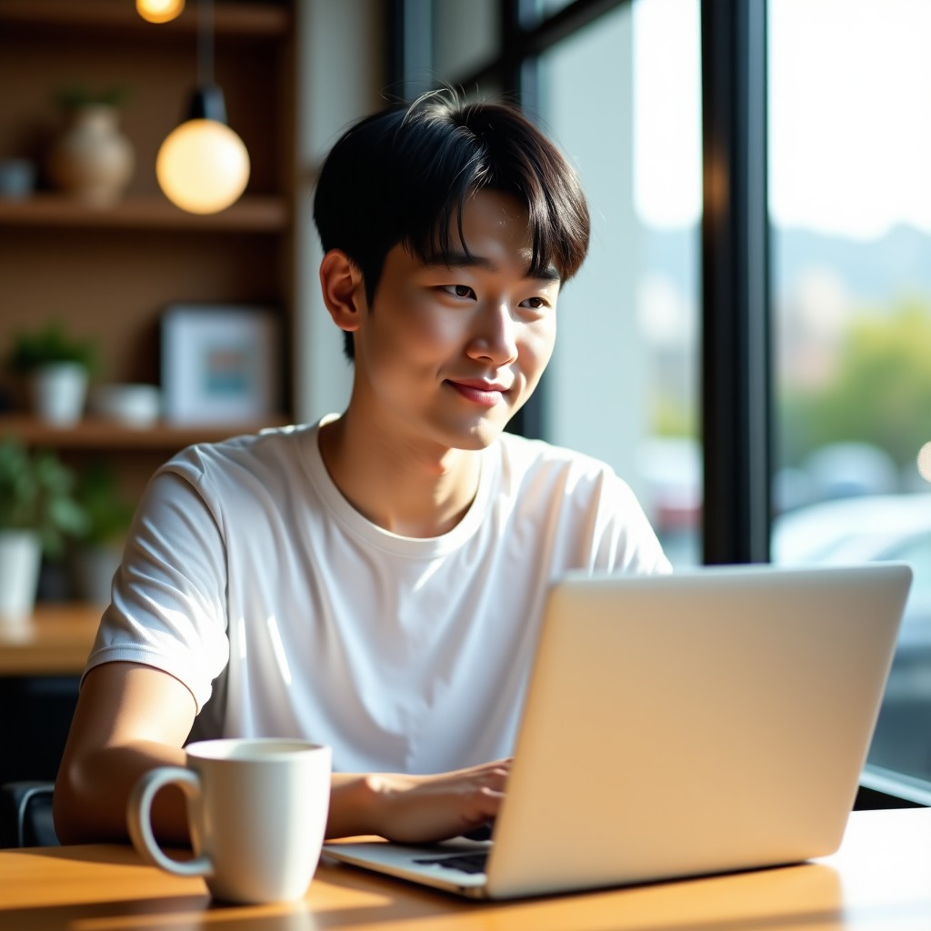 A young Korean male developer sitting in a bright cafe with a cup of coffee, looking at his laptop screen with a thoughtful expression, natural sunlight, lifestyle photography, cozy atmosphere, 4:3