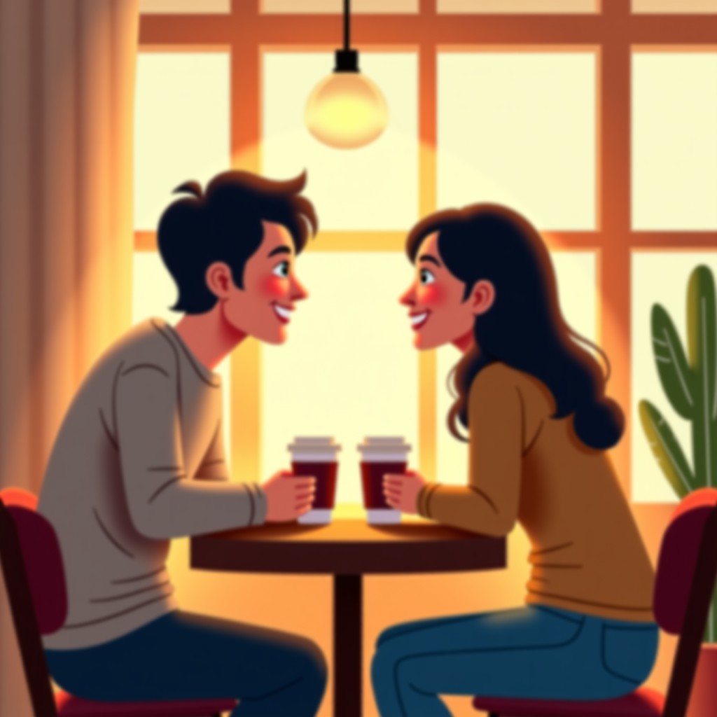 A young Korean couple sitting in a cozy cafe, looking at each other with warm smiles, holding coffee mugs, soft indoor lighting, natural and heartfelt atmosphere, 4:3