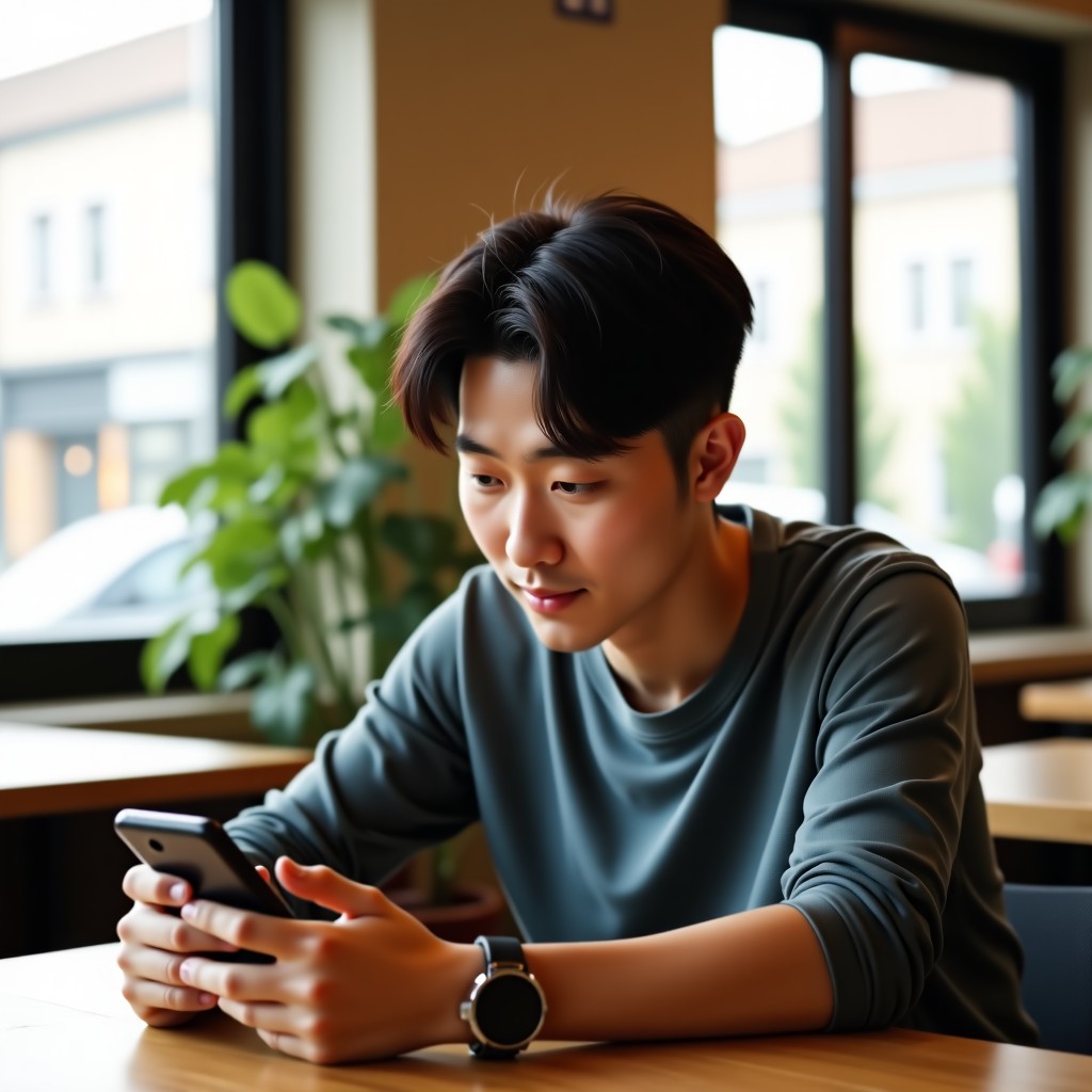A natural lifestyle photography of a Korean man sitting in a bright modern cafe looking at his smartphone screen with a focused expression. Warm natural lighting coming through a window. 4:3