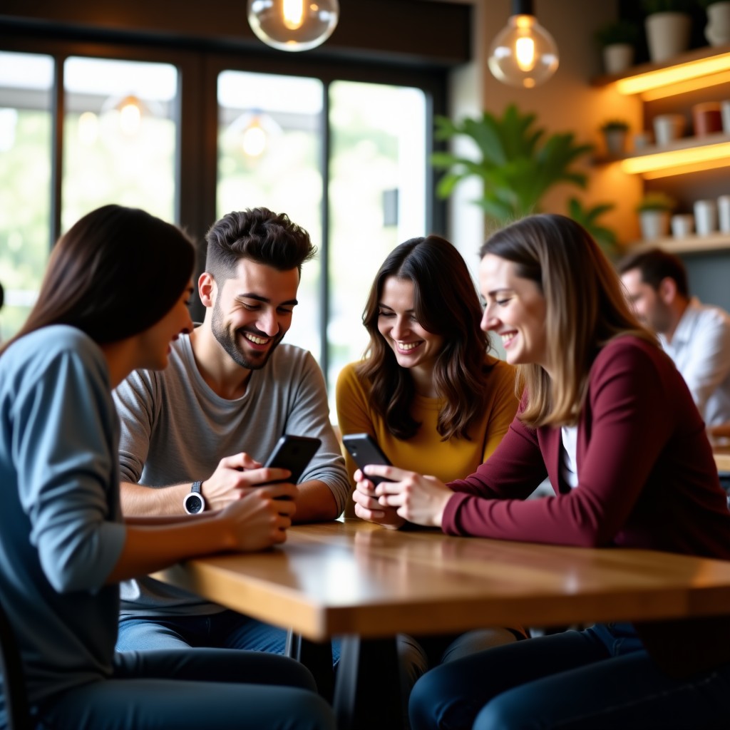 A group of young adults in a brightly lit modern cafe, laughing and looking at their smartphone screens together. Natural lighting, warm atmosphere, high-quality photography style. 4:3