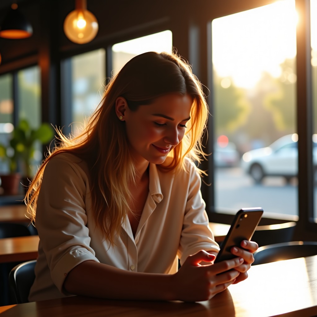 A person in their 30s sitting in a sunlit modern cafe, looking at their smartphone screen with a natural expression, warm lifestyle atmosphere, high quality photography. 4:3