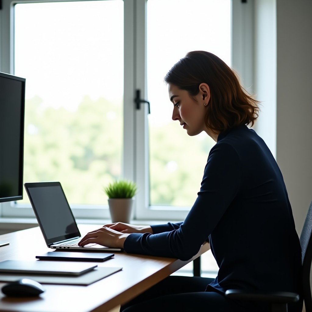 A professional person sitting in a bright studio using a Kindle Scribe Colorsoft to review documents. Minimalist interior, high-end gadgets on desk, 4:3