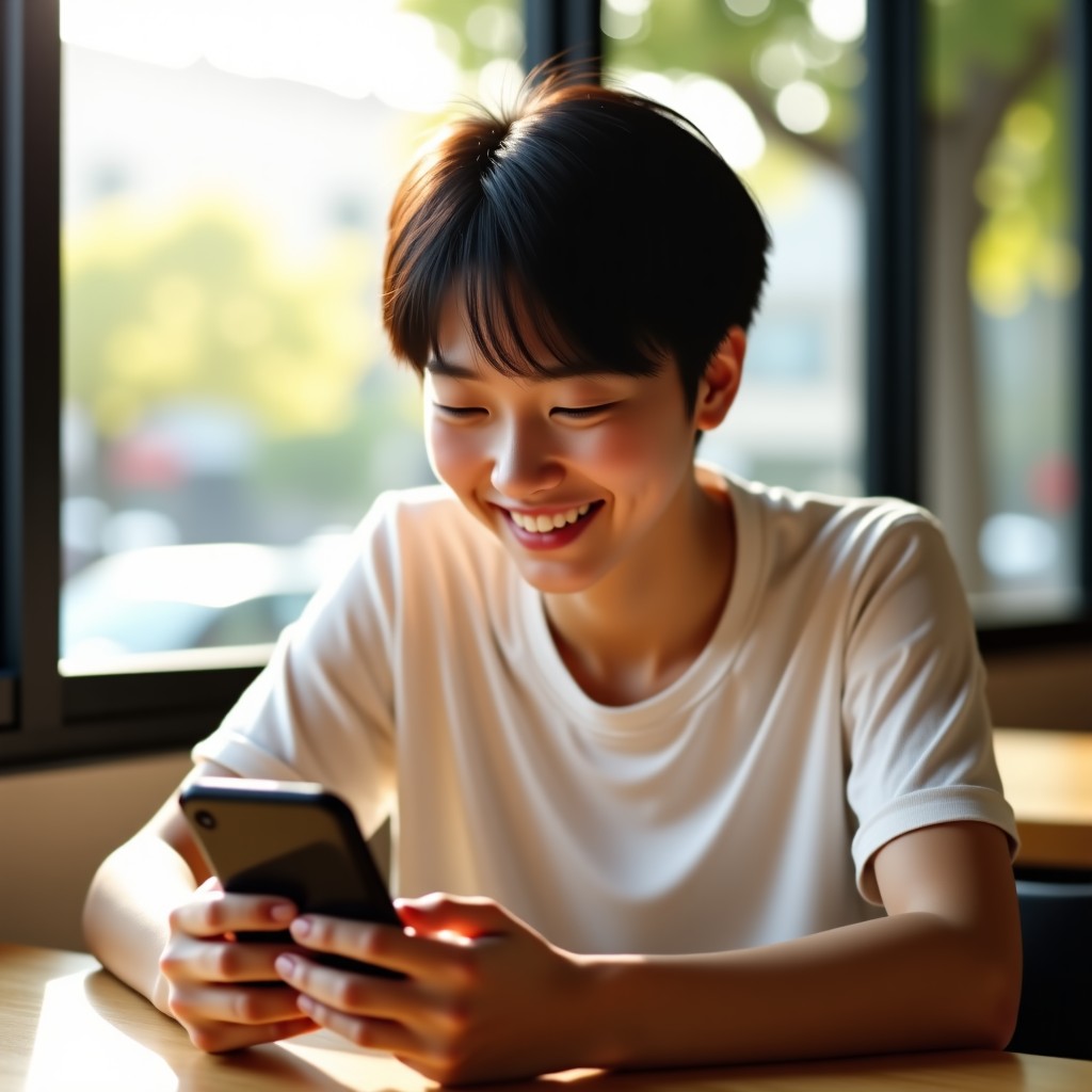 A young Korean person sitting in a bright sunlit cafe looking at a smartphone screen with a smile. Realistic lifestyle photography. 4:3