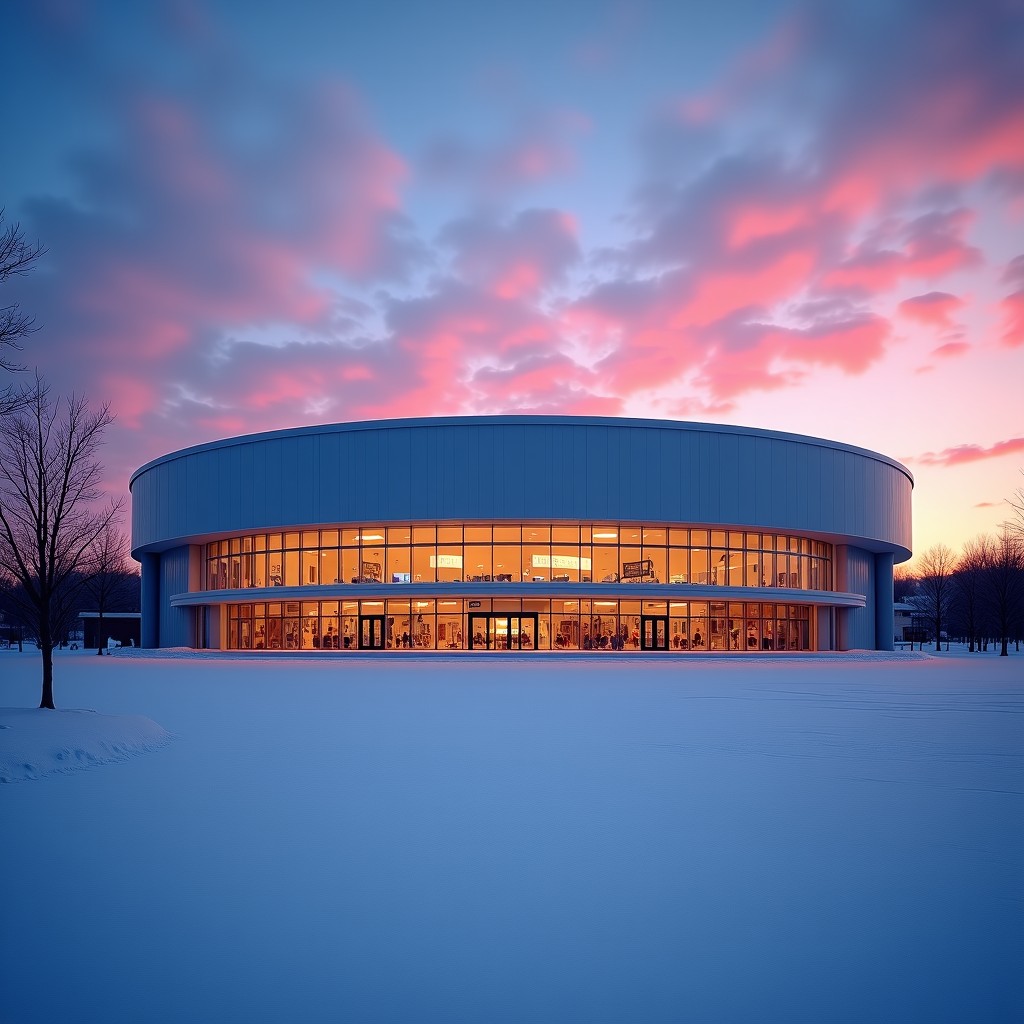 Modern ice hockey arena exterior in Ottawa Canada during sunset, snowy landscape, architectural photography, 4:3
