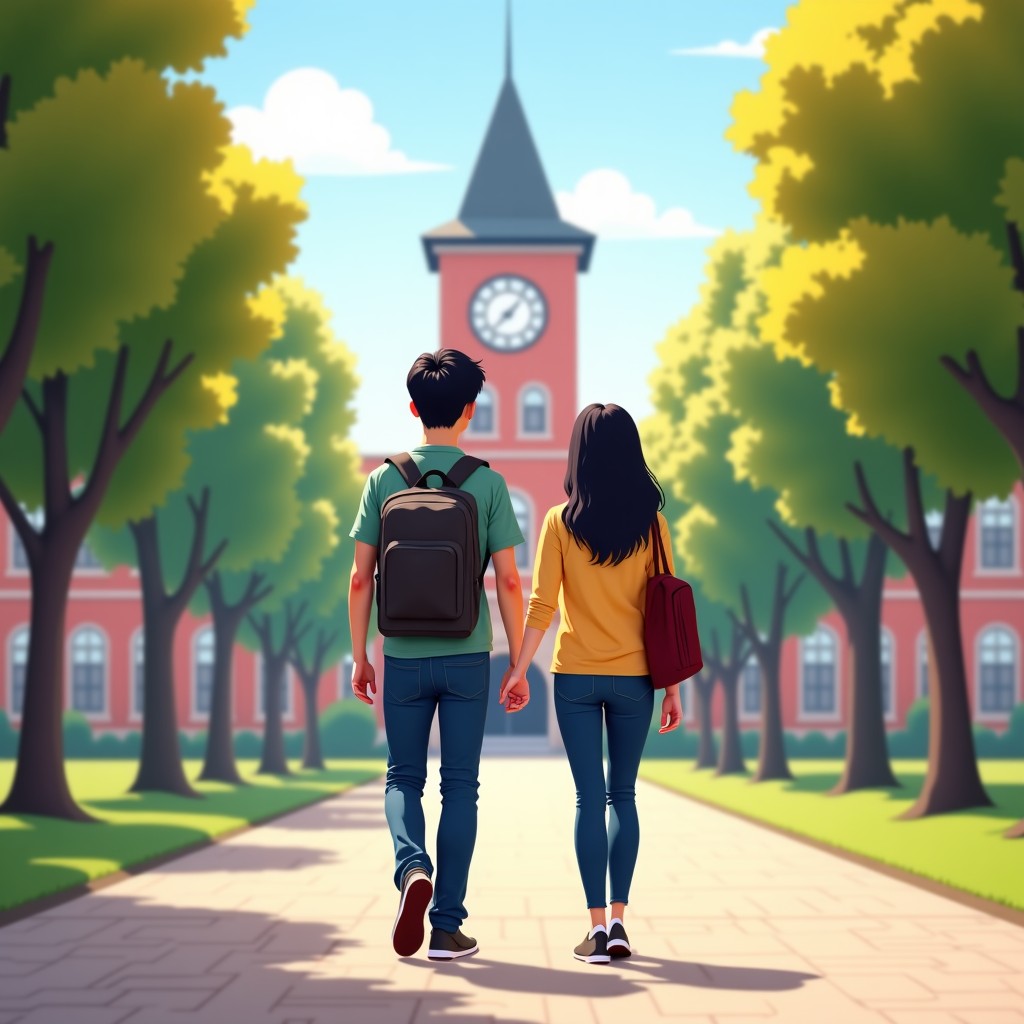 A young Korean male and female student walking and talking together on a beautiful university campus with historic architecture, 4:3