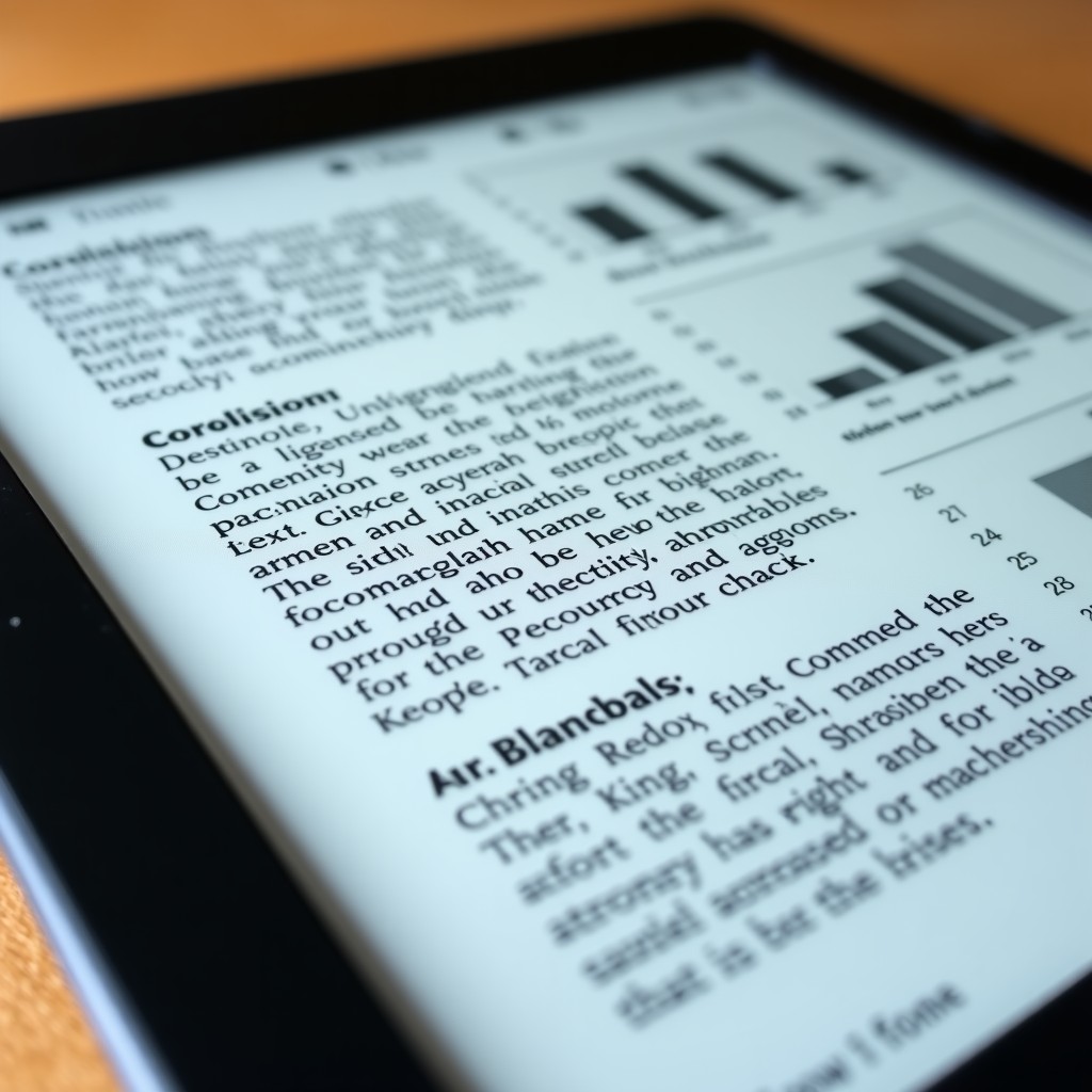 Close up of a Kindle Scribe Colorsoft displaying a colorful scientific document with charts and annotations. Realistic e-ink texture, professional setting, 4:3