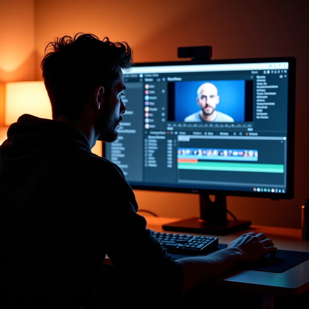A talented creator sitting in a dark room in front of a powerful computer workstation, the screen displaying a complex AI video editing interface with hyper-realistic human characters, cinematic atmosphere, warm ambient lighting, 4:3