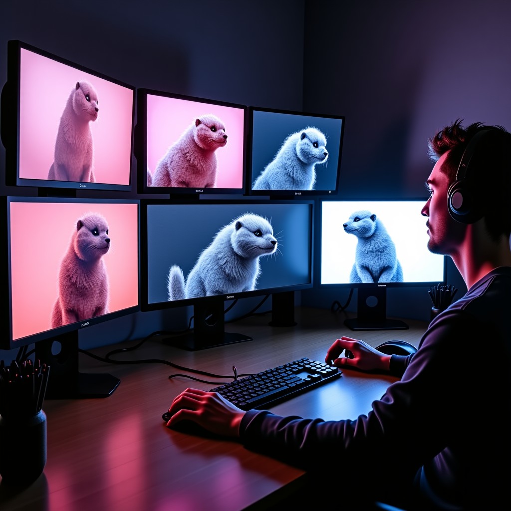 A digital creator workspace with multiple monitor screens showing distorted AI generated animals, messy and glitchy visual effects, high contrast studio lighting, 4:3