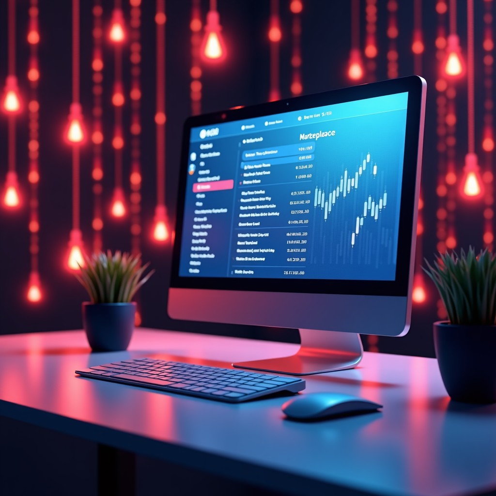 A computer monitor displaying a digital marketplace with red warning icons and binary code rain in the background. 4:3