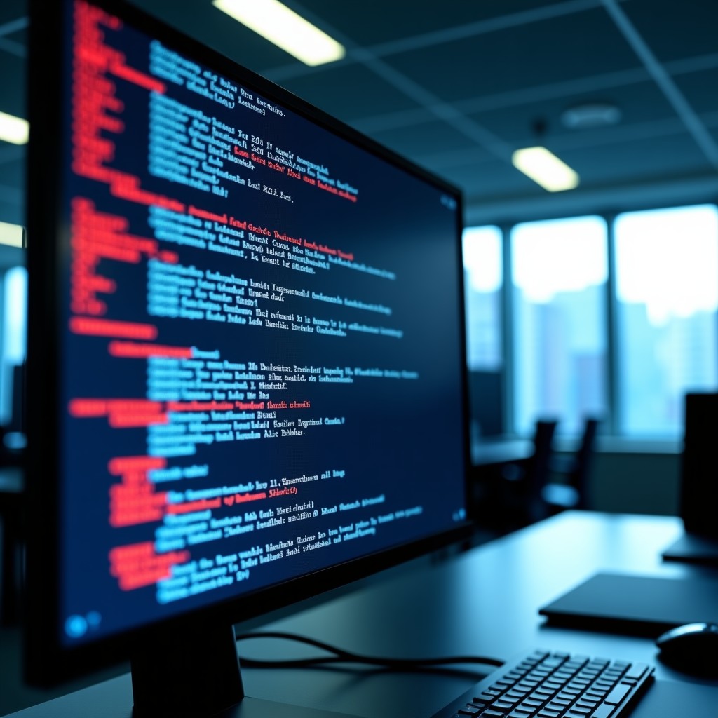 A close up shot of a computer monitor displaying complex text transcripts with digital glitches and red warning indicators. Modern office interior in the background. High contrast and sharp focus. 4:3