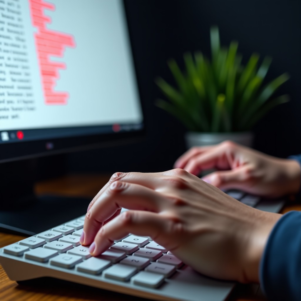 A close-up of a person hands on a keyboard with a computer monitor showing red-marked text corrections, natural indoor lighting, 4:3