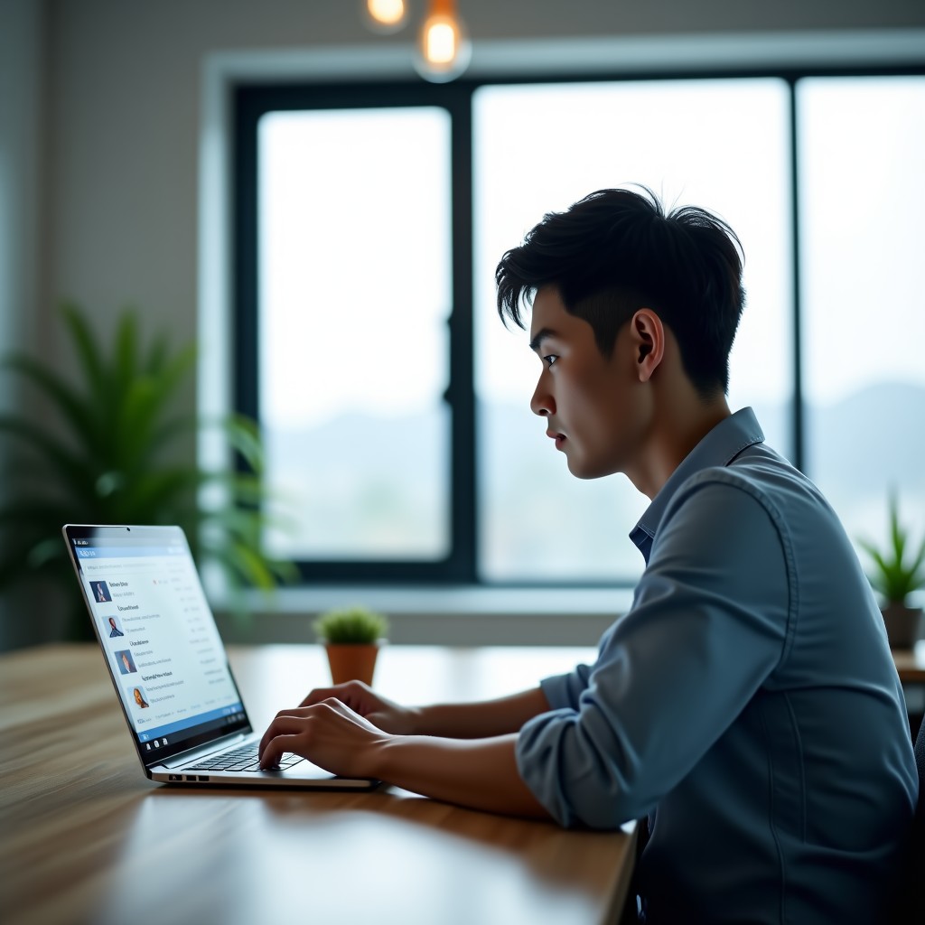 A young Korean professional sitting in a bright modern office, using a laptop showing an AI chat interface. Soft natural lighting, realistic atmosphere, professional setting. 4:3