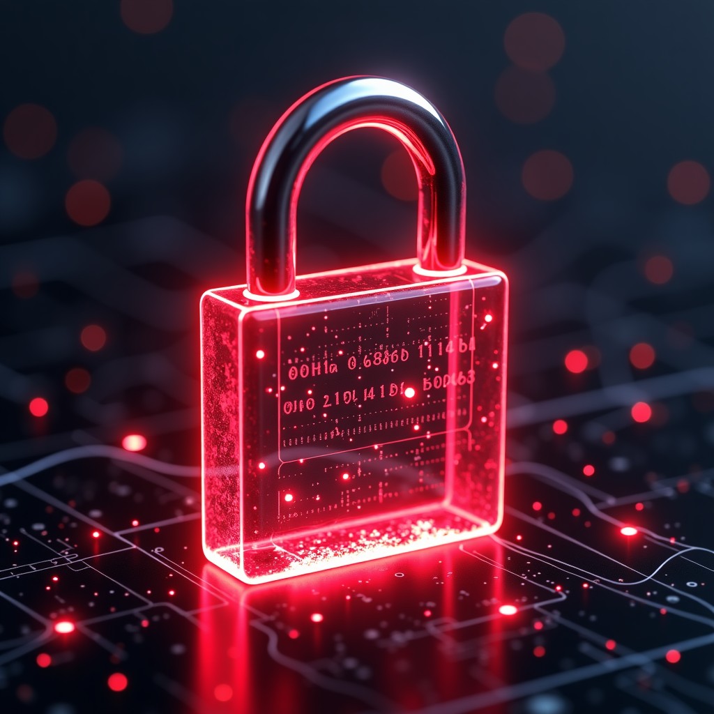 A stylized digital padlock breaking apart into binary code, red warning glow, dark cybernetic environment, high detail, sharp focus, 4:3