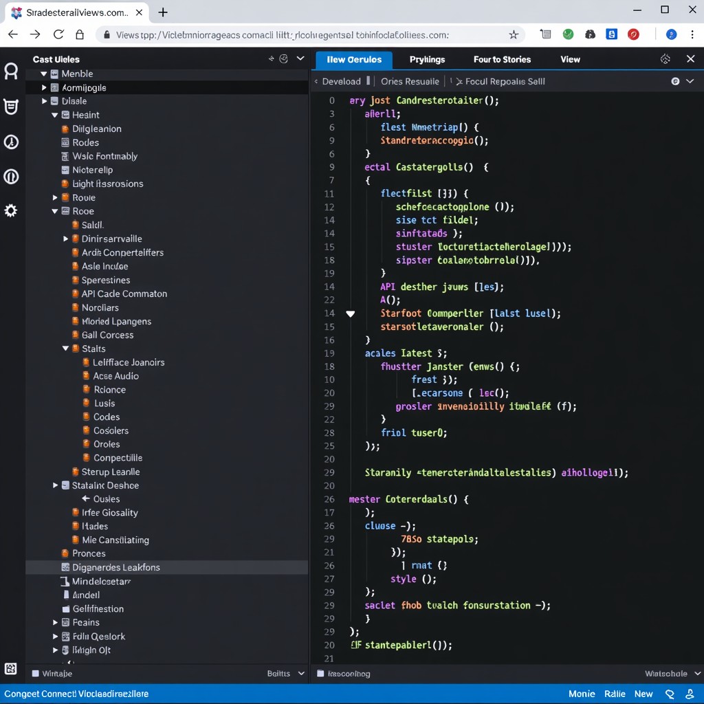 A high-resolution screen of Visual Studio Code with a split-screen view. One side shows backend code and the other side shows an integrated API testing tool with colorful JSON responses. No visible text. 4:3