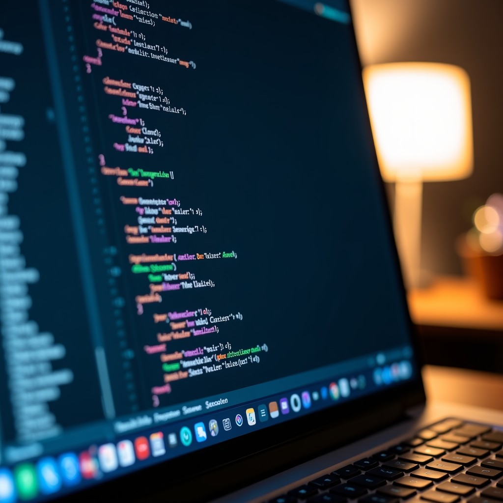 A close-up photograph of a sleek computer screen displaying a JSON configuration file in a dark mode code editor, soft focus on the background, professional developer environment, 1:1