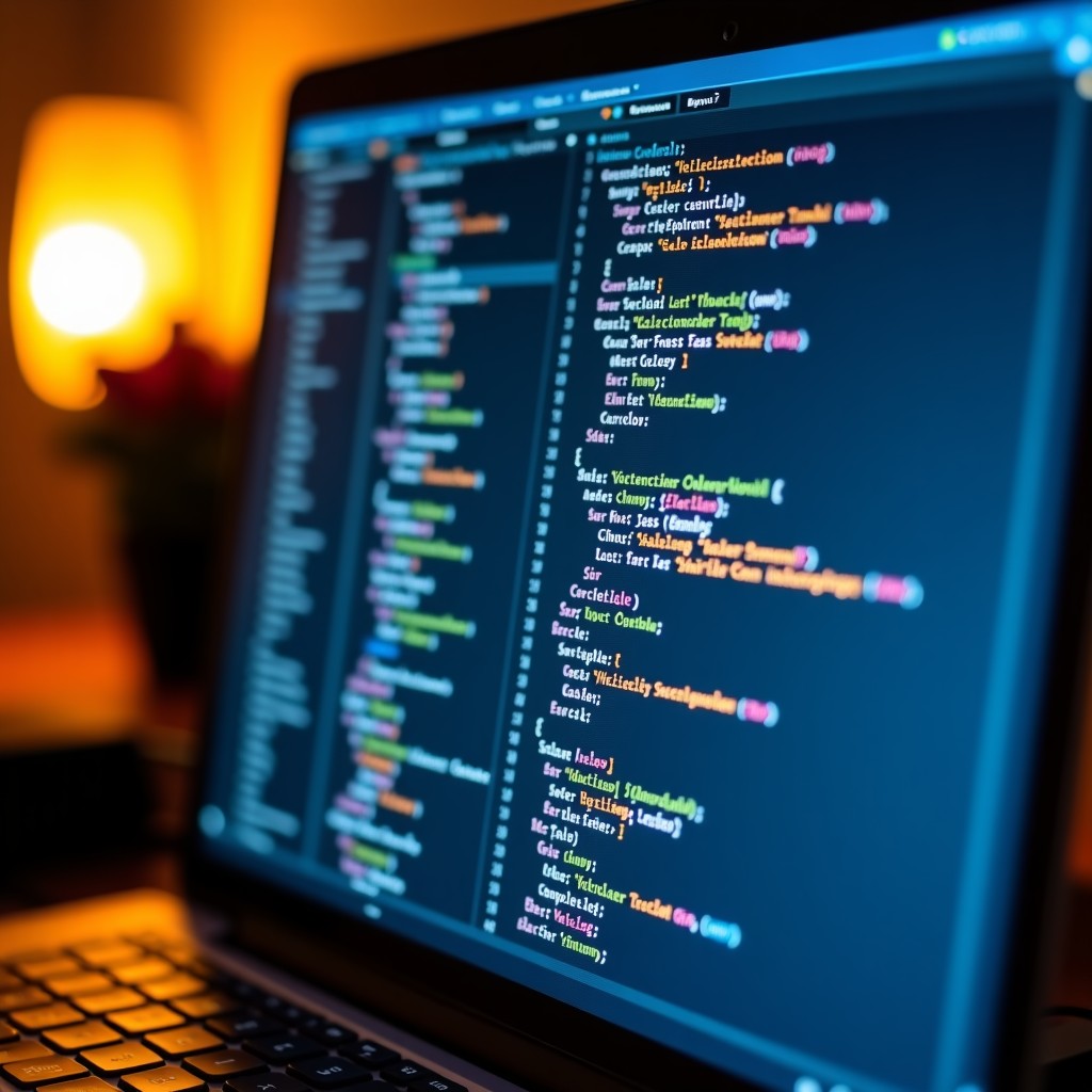 Close-up shot of a high-resolution computer screen displaying organized and colorful programming code. The focus is sharp on the syntax highlighting. Warm ambient lighting in the background of a home office. No text. 4:3