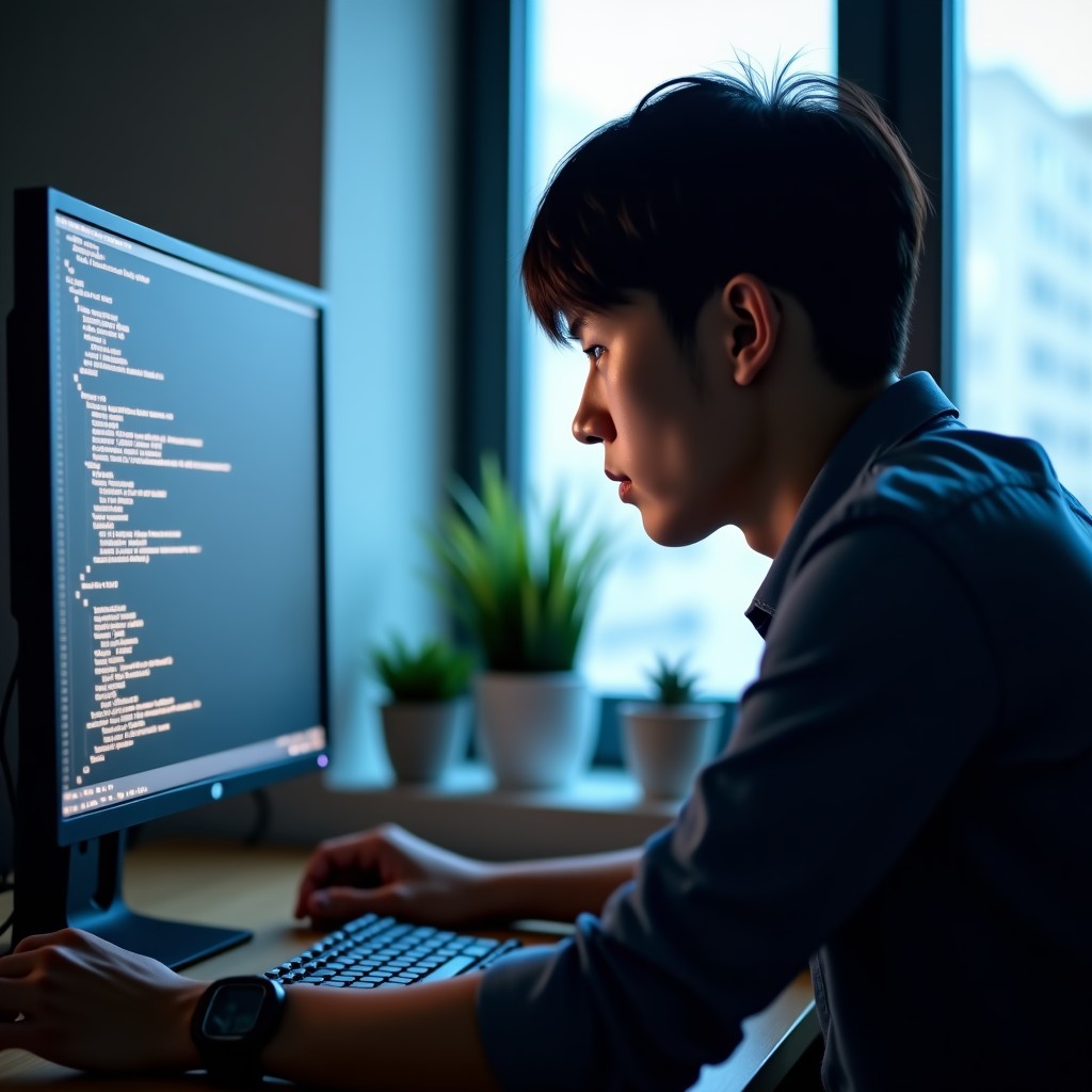Close up of a Korean software engineer focused on reviewing lines of code on a monitor, soft indoor lighting, natural setting, 4:3