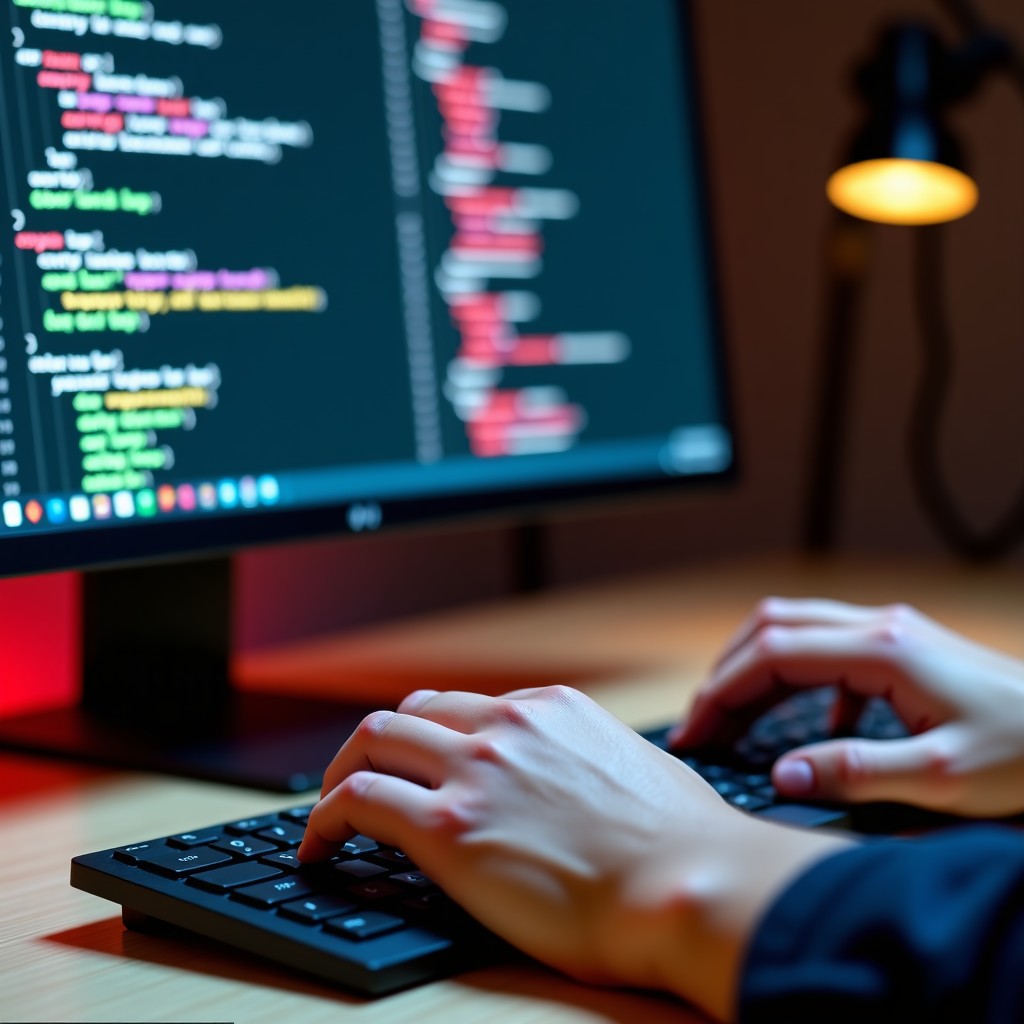 A close-up shot of a developer hands typing on a sleek keyboard with a large monitor in the background showing Xcode 26.3. The screen highlights code changes in green and red as an AI agent processes tasks. No visible text on screen, 1:1.
