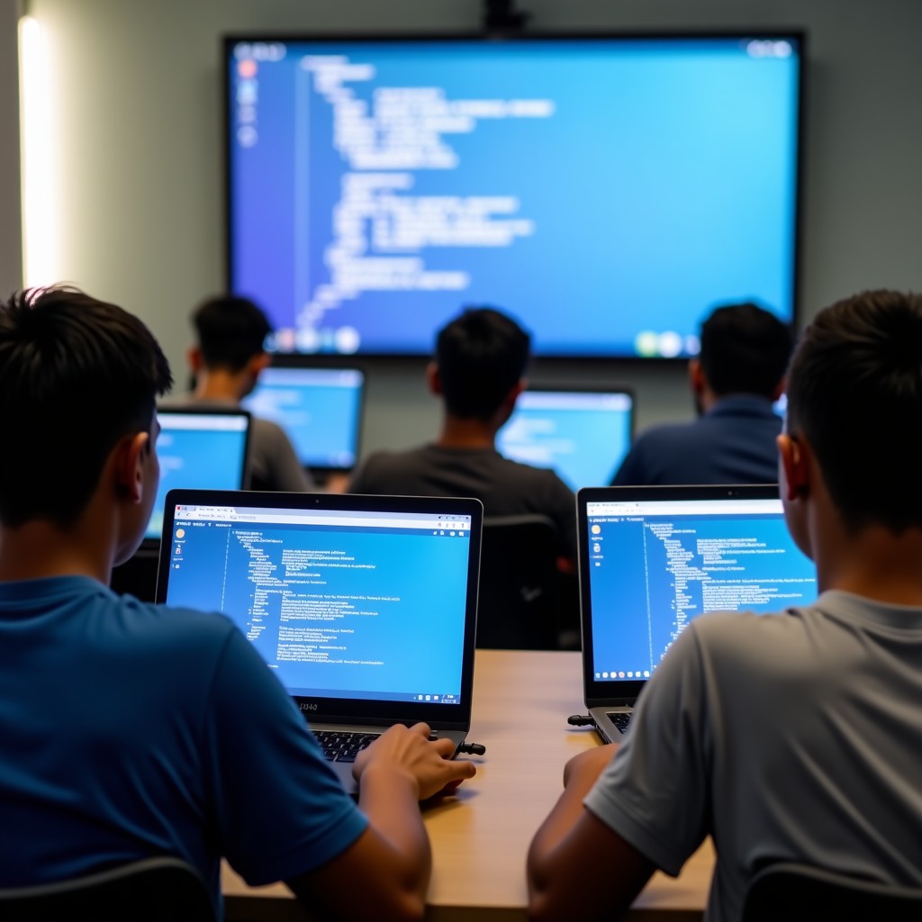 A classroom in an Indian engineering institute where students are coding on their laptops. One screen shows an AI code assistant interface. Focused atmosphere, modern classroom, 1:1