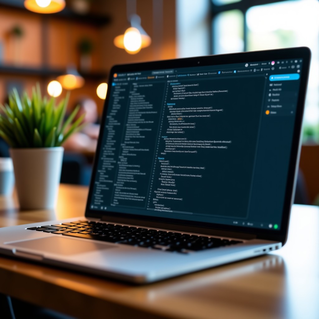 A close up of a laptop screen displaying complex code and an AI chat interface, blurred background of a cozy cafe, professional atmosphere, realistic photography. 4:3