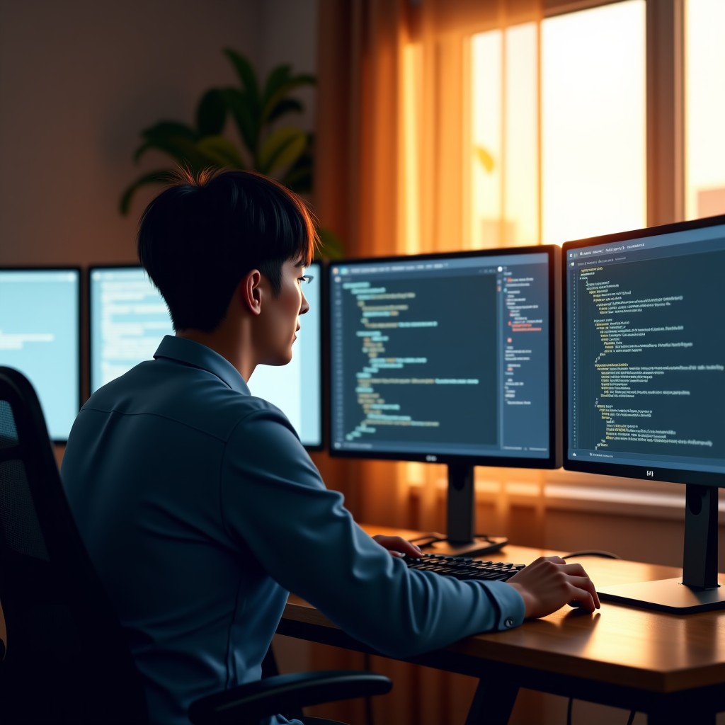 A Korean male software developer focusing on his work in a cozy home office. Multiple monitors showing complex code structures and AI interface elements. Warm evening sunlight filtering through the window. Cinematic lighting and realistic textures. 4:3