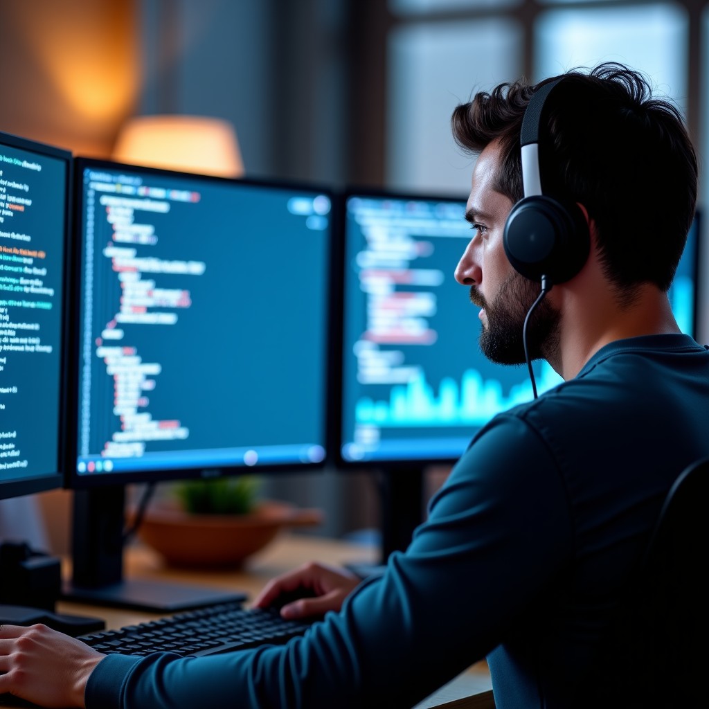 A professional developer looking at multiple monitors displaying code and real-time performance graphs, blurred background office, realistic, 4:3