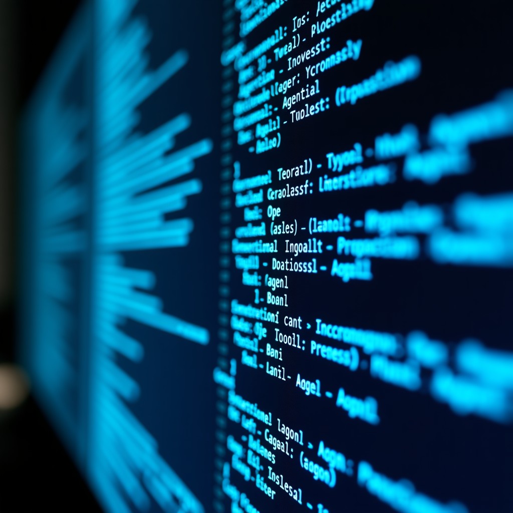 Close-up of a high-resolution computer screen showing complex agentic coding lines and AI integrated development environment, futuristic UI design, cinematic lighting, 4:3