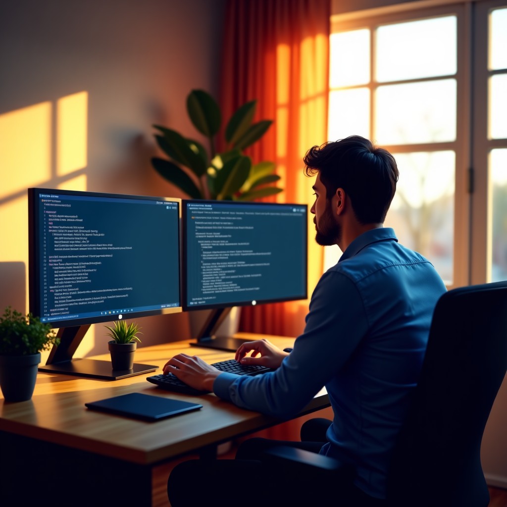 A professional developer working on a multi-monitor setup in a cozy home office, code appearing on screen with a stylized neural network overlay, natural morning sunlight through a window, warm and inviting atmosphere, 4:3
