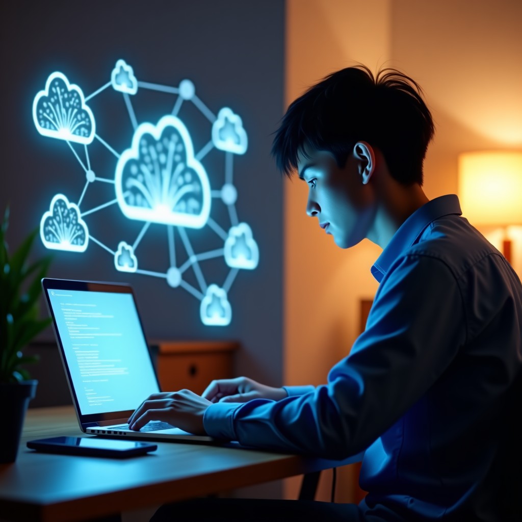 A Korean developer working on a sleek laptop with a digital overlay of cloud networks and neural pathways, modern home office setting, warm ambient light, 1:1