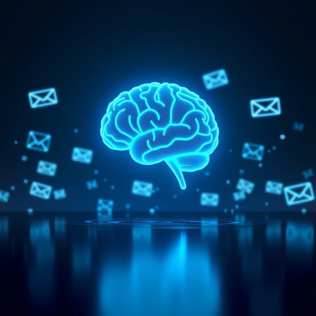 A glowing AI brain interface processing digital email envelopes, dark blue professional technology background, cinematic lighting, high resolution, 1:1
