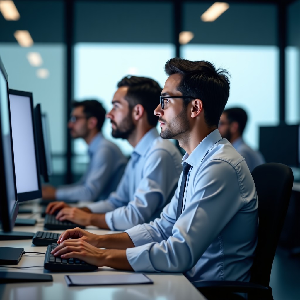 A professional office setting with safety specialists looking at multiple monitors, blurred background, high contrast, 4:3